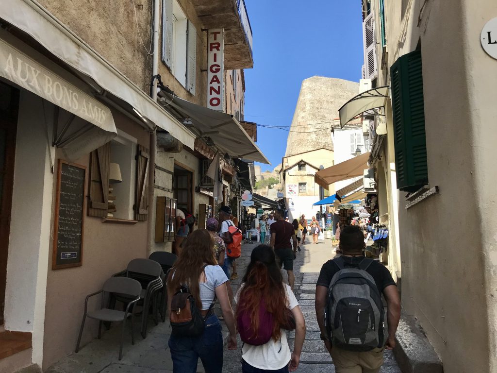 Small narrow streets in city center leading to the fortress - Calvi, France